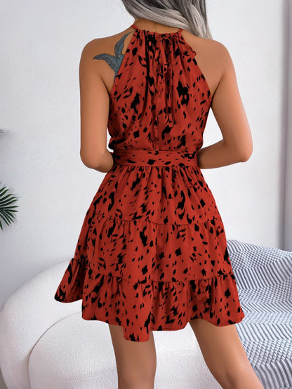 Leopard Print Halter Mini Dress - Ruffled, Sexy Spring/Summer Style