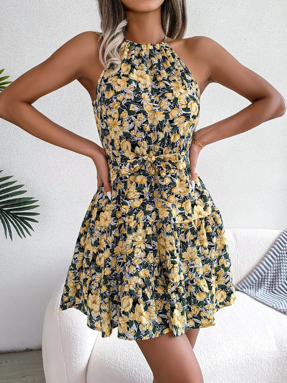 Women Summer Casual Floral Print Ruffle Halter Dress