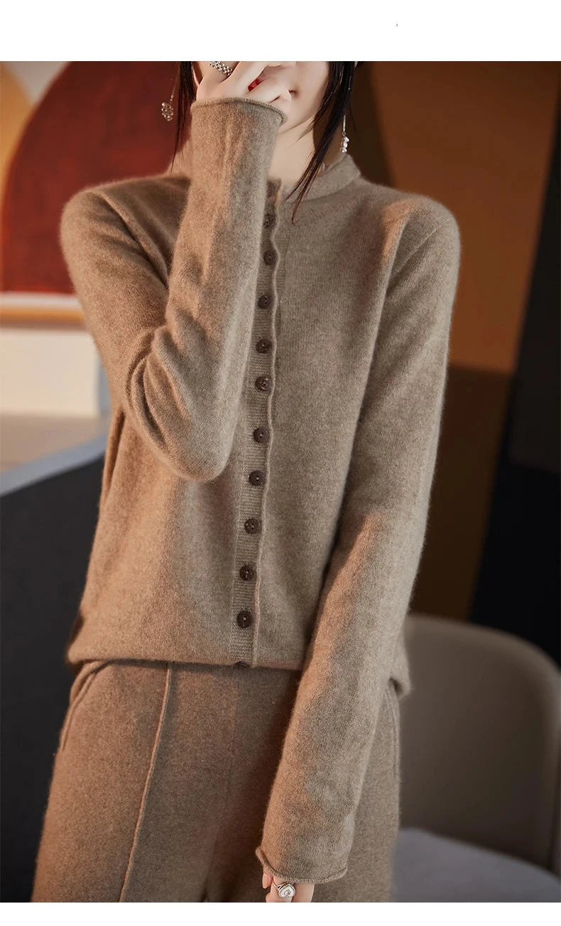 Women's Merino Wool Jacket - Luxury Knit Cardigan with Standing Collar