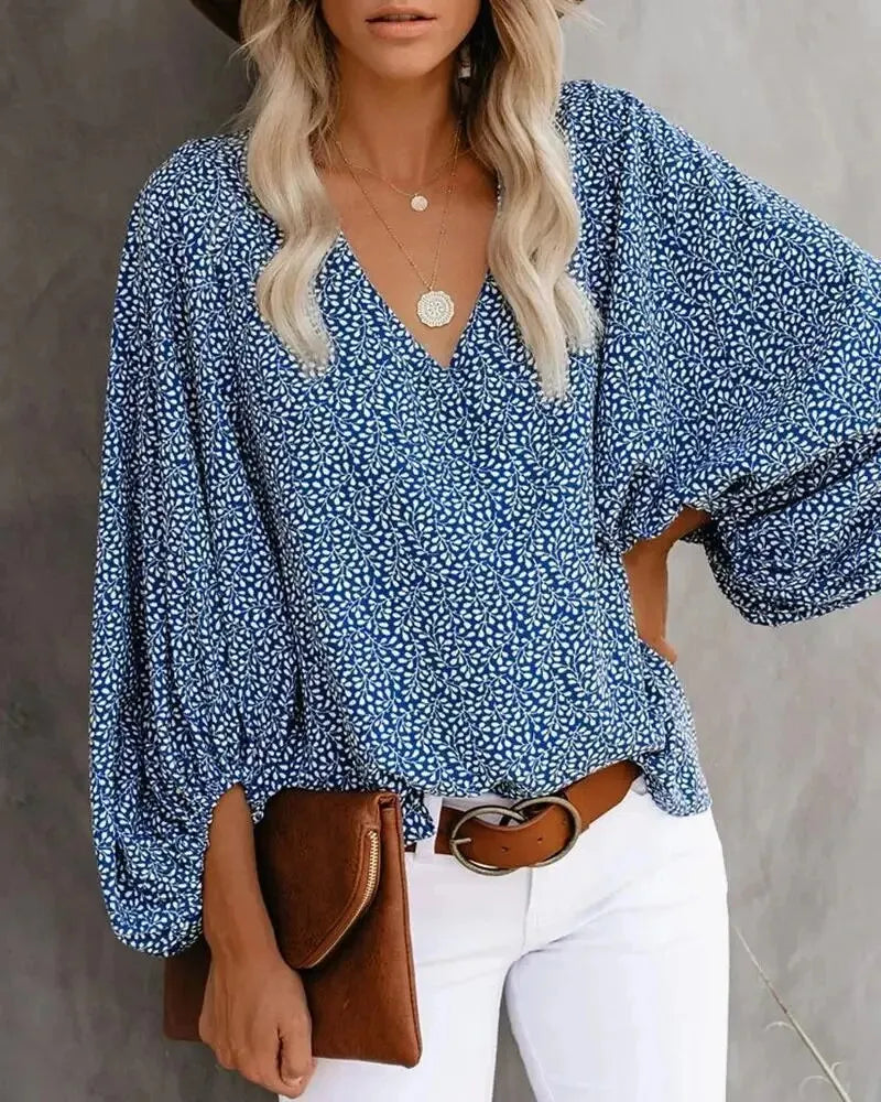 Printed V-Neck Lantern Sleeve Shirt - Elegant Spring/Summer Fashion