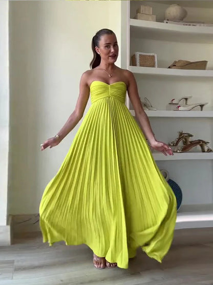 Strapless Pleated Maxi Dress - Elegant, Sexy, Off-Shoulder Party Gown