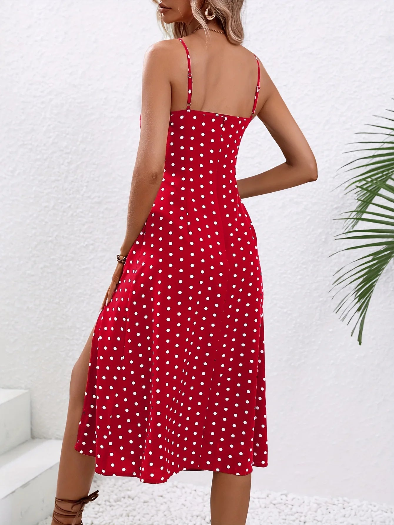 Summer Spaghetti Strap Polka Dot Midi Dress - Boho, Casual, Sleeveless with Slit