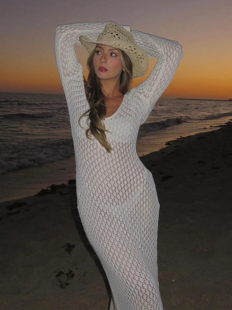 Sexy White Long Knit Sleeve Bikini Cover-Up - See-Through Deep V-Neck Backless Beach Dress