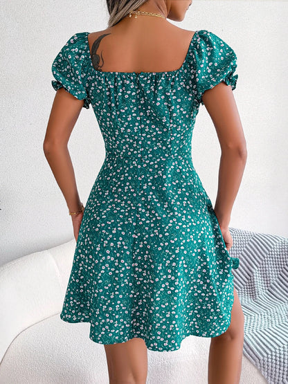 Women Casual Ruffles Short Sleeve Floral Print A Line Dress