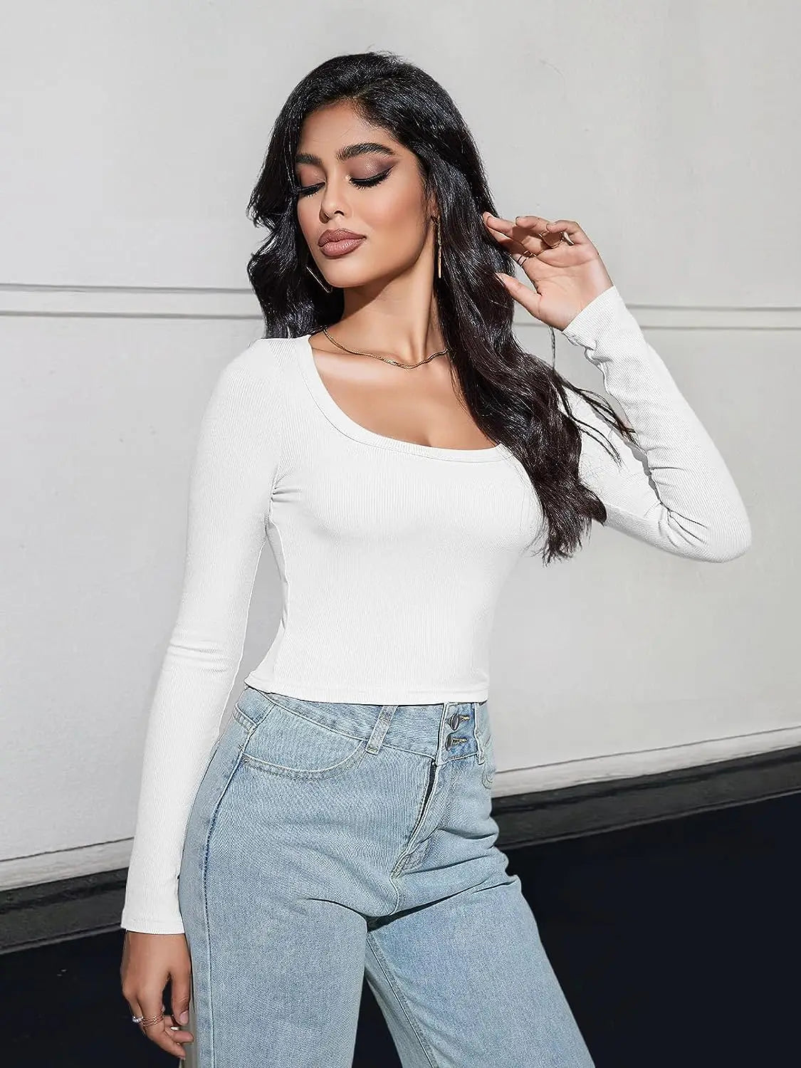 Women’s Long Sleeve Square Neck Ribbed Crop Top