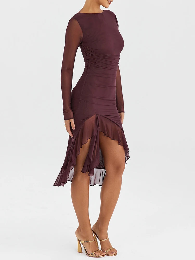 Mozision Elegant Ruffled Midi Dress - Sheer Long Sleeve, Backless Party Style