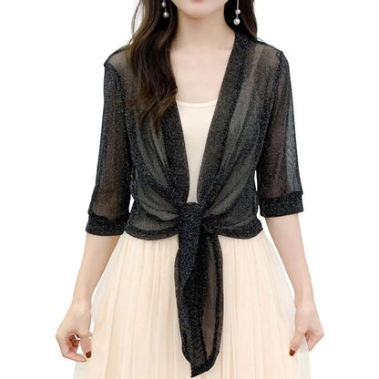 Women's Sheer Glitter Lace-up Summer Cardigan