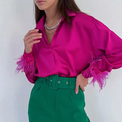 Satin Polo Collar Blouse - Vintage Loose Silk Shirt for Women