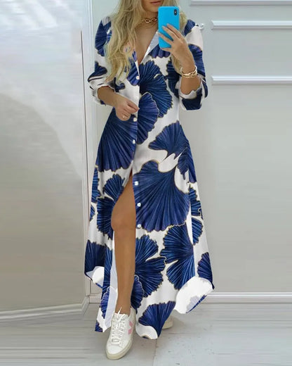 Boho Printed Long Sleeve Maxi Dress - Summer Turn-Down Collar