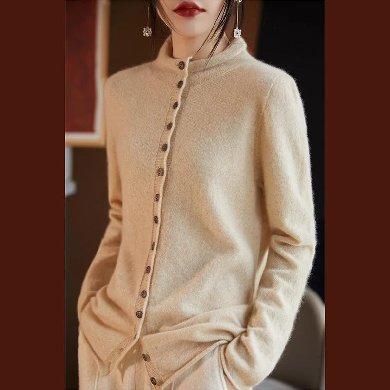 Women's Merino Wool Jacket - Luxury Knit Cardigan with Standing Collar