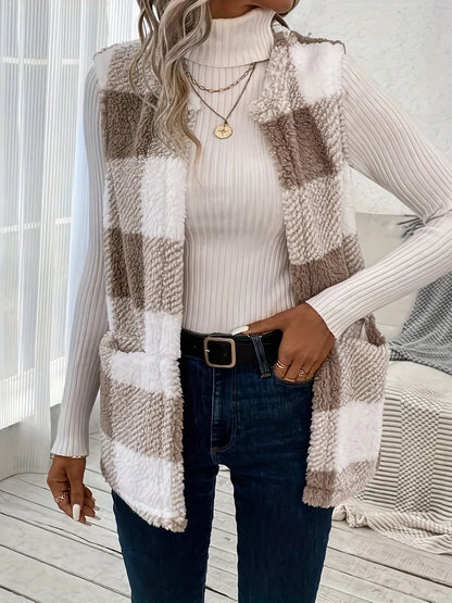 Plus Size Plaid Teddy Fleece Vest Jacket