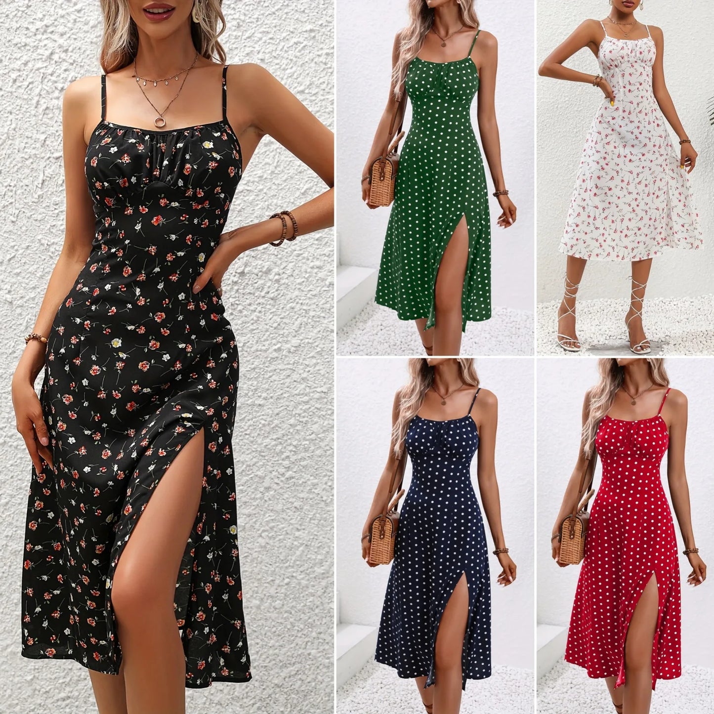 Summer Spaghetti Strap Polka Dot Midi Dress - Boho, Casual, Sleeveless with Slit