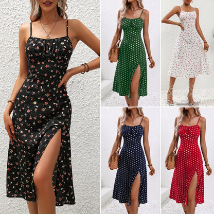 Summer Spaghetti Strap Polka Dot Midi Dress - Boho, Casual, Sleeveless with Slit