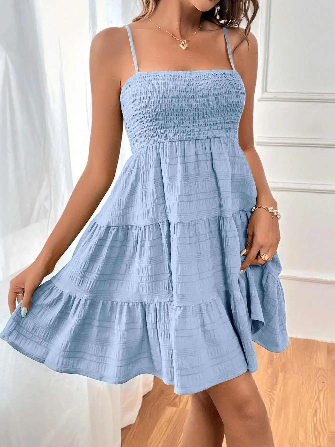 Women's Summer Solid Color Spaghetti Strap Dress - Versatile & Textured