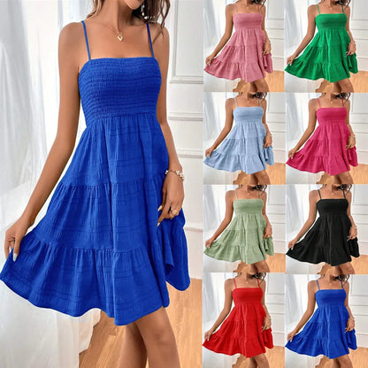 Women's Summer Solid Color Spaghetti Strap Dress - Versatile & Textured