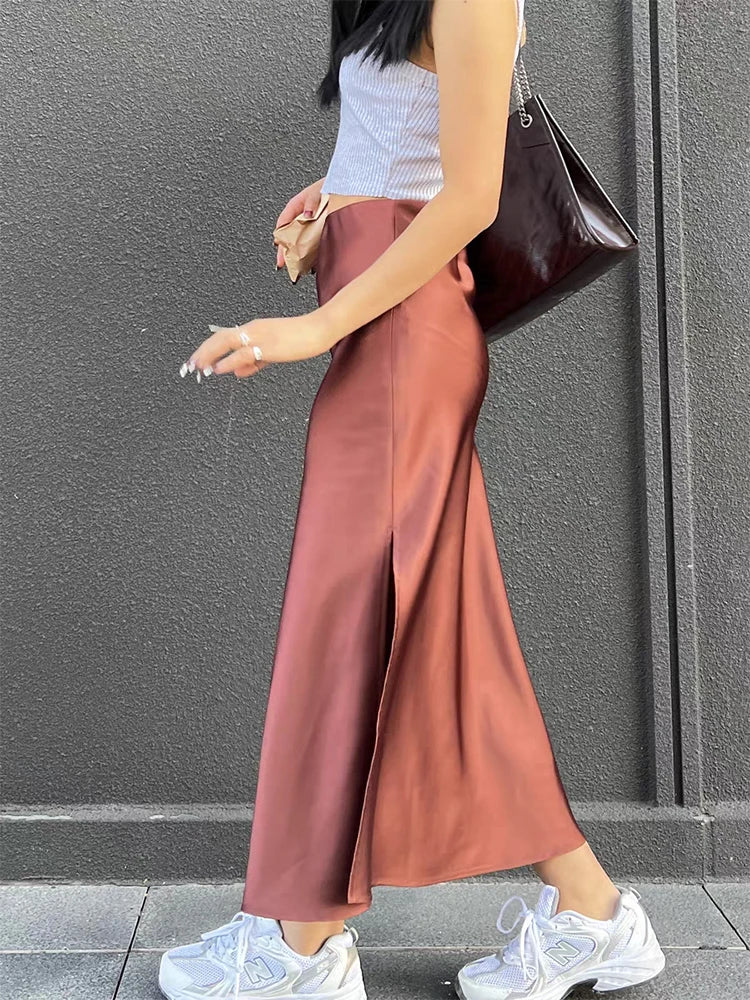 Summer Silk Satin A-line Skirt - Casual High Waist with Side Slit