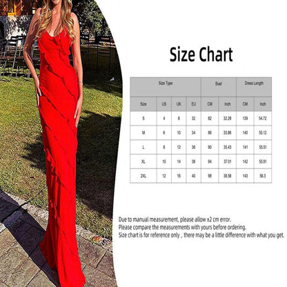 Elegant Red Chiffon Maxi Dress - Spaghetti Strap, Backless, Ruffled Evening Gown