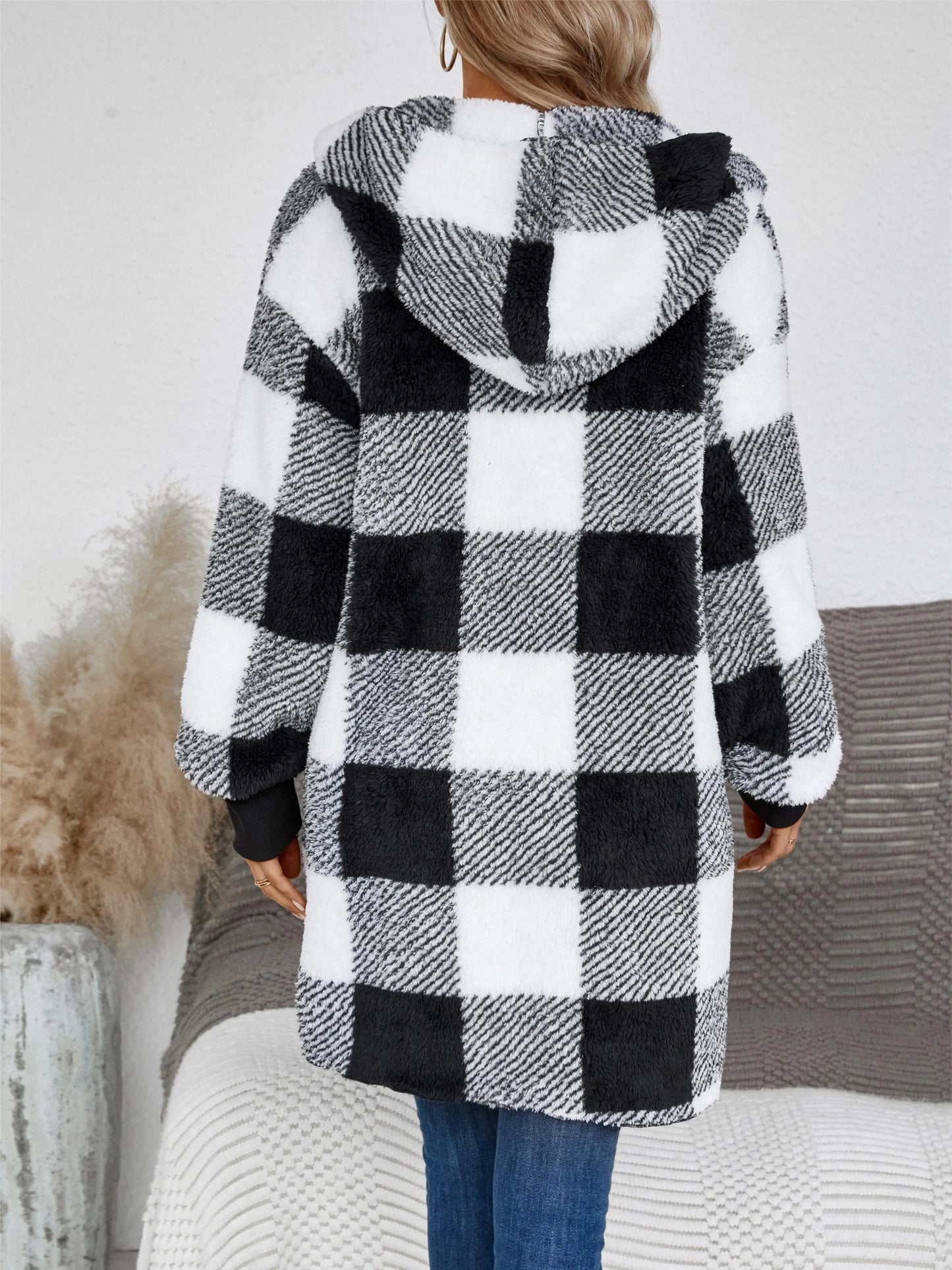 Hooded Color-Blocked Plaid Plush Jacket