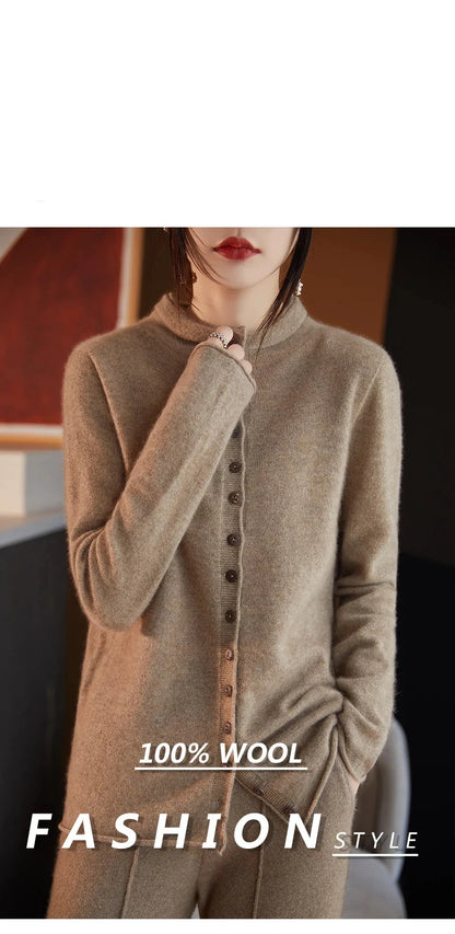 Women's Merino Wool Jacket - Luxury Knit Cardigan with Standing Collar