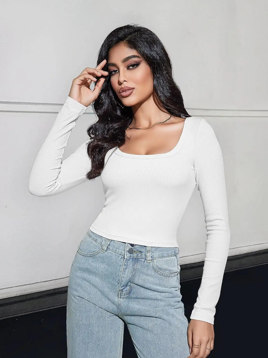 Women’s Long Sleeve Square Neck Ribbed Crop Top