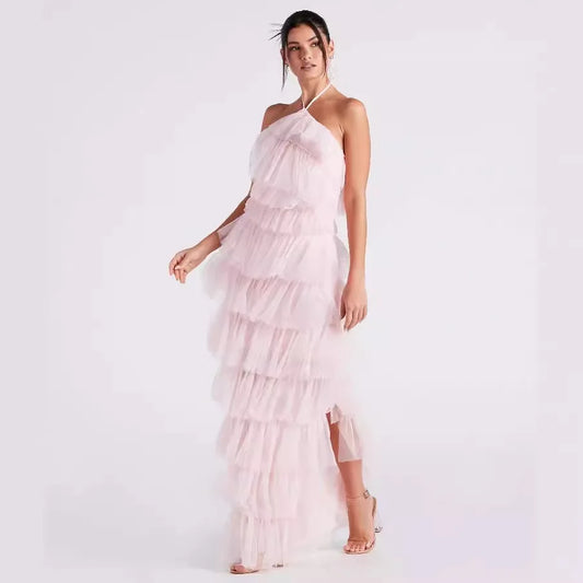 New Women's Pink Ruffled Evening Dress - Sleeveless Cake Skirt