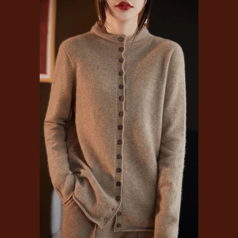 Women's Merino Wool Jacket - Luxury Knit Cardigan with Standing Collar