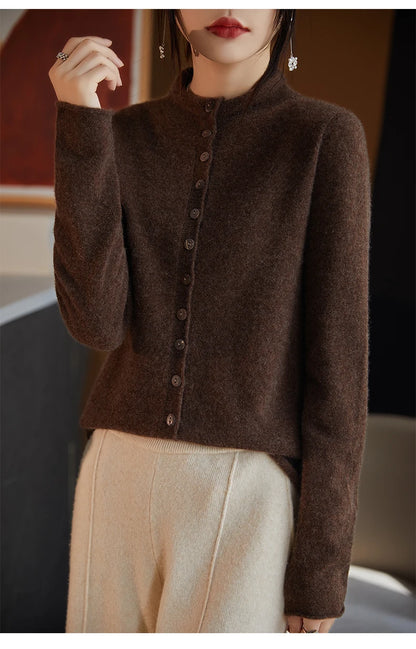 Women's Merino Wool Jacket - Luxury Knit Cardigan with Standing Collar