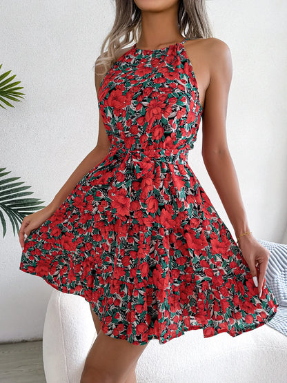 Women Summer Casual Floral Print Ruffle Halter Dress