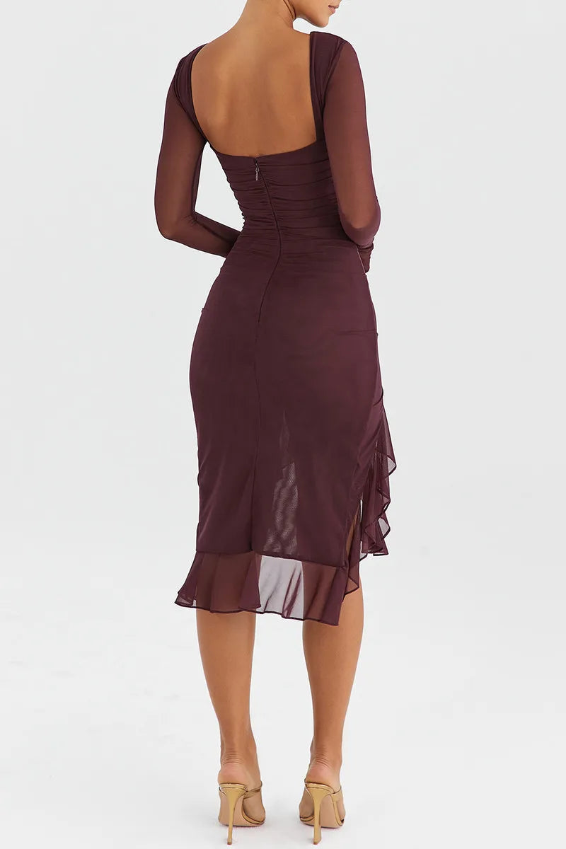 Mozision Elegant Ruffled Midi Dress - Sheer Long Sleeve, Backless Party Style