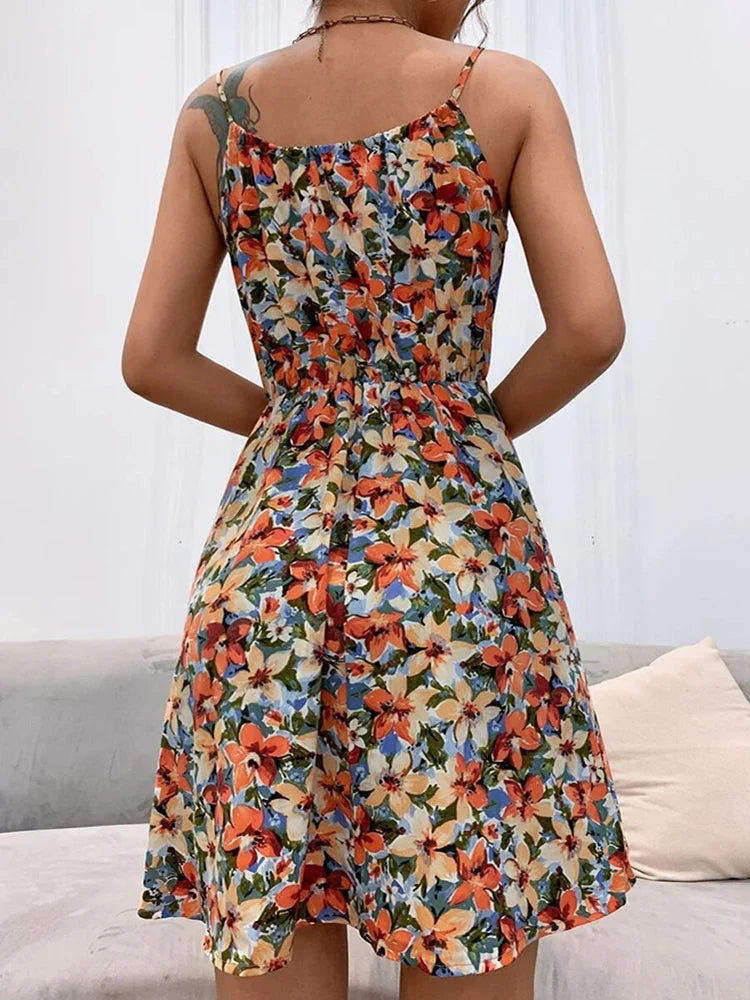 Sexy Floral Print Backless Sundress - Sleeveless