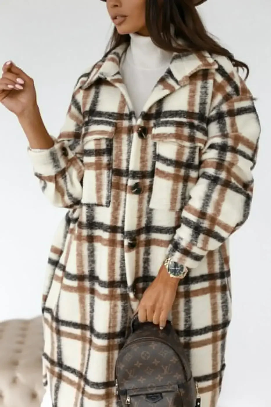 Woolen Plaid Women's Mid-Length Trench Coa