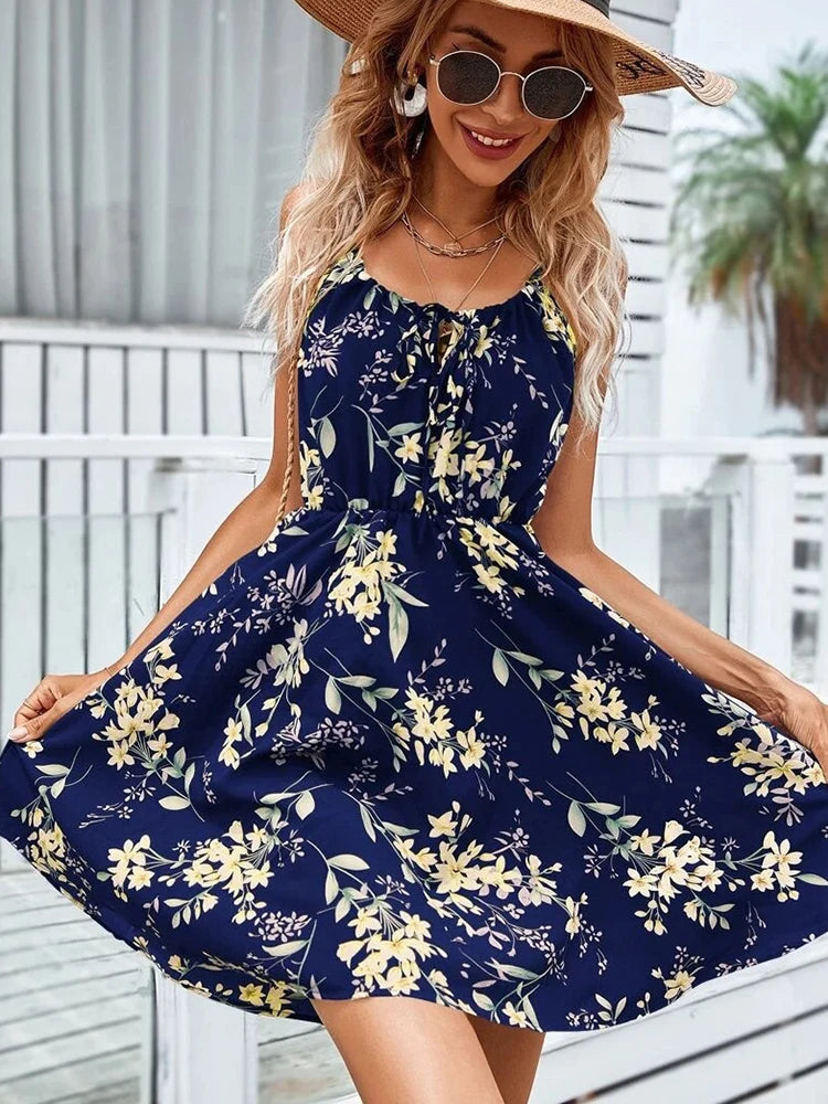 Sexy Floral Print Backless Sundress - Sleeveless