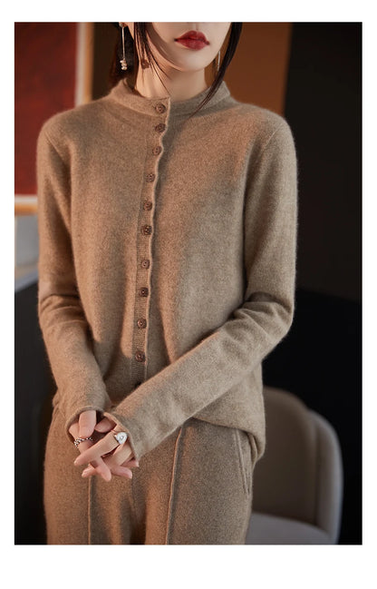 Women's Merino Wool Jacket - Luxury Knit Cardigan with Standing Collar