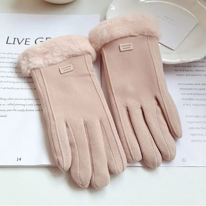 Women’s Winter Suede Gloves – Thick Plush, Touchscreen, Outdoor