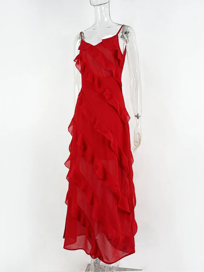 Elegant Red Chiffon Maxi Dress - Spaghetti Strap, Backless, Ruffled Evening Gown