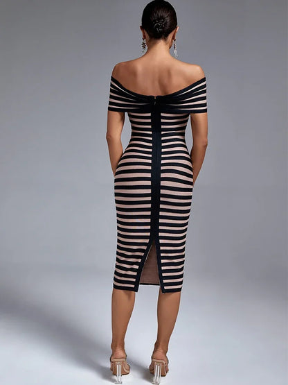 Off-Shoulder Midi Bandage Dress - Elegant Striped Bodycon Party Dress for Women, Summer 2023 Runway Style