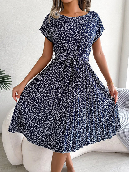 Chic Floral High Waist A-Line Dress - Spring/Summer, Short Sleeve