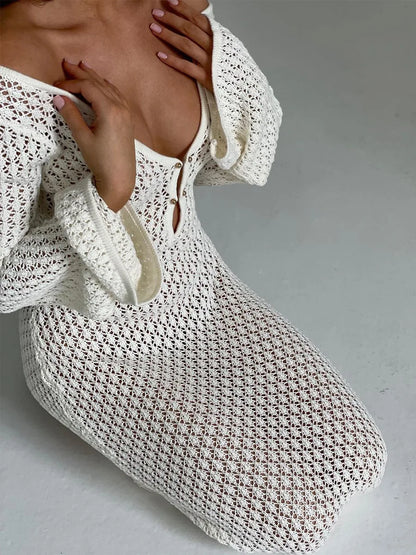 Sexy White Long Knit Sleeve Bikini Cover-Up - See-Through Deep V-Neck Backless Beach Dress