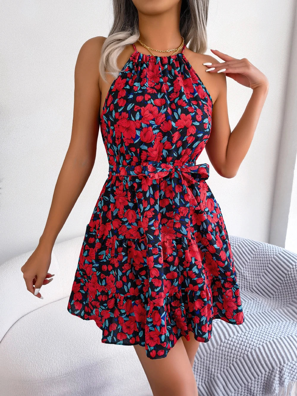 Women Summer Casual Floral Print Ruffle Halter Dress