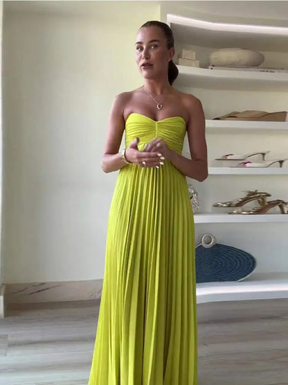 Strapless Pleated Maxi Dress - Elegant, Sexy, Off-Shoulder Party Gown