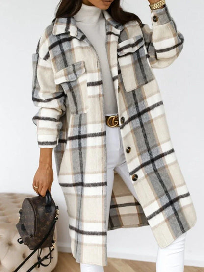 Woolen Plaid Women's Mid-Length Trench Coa