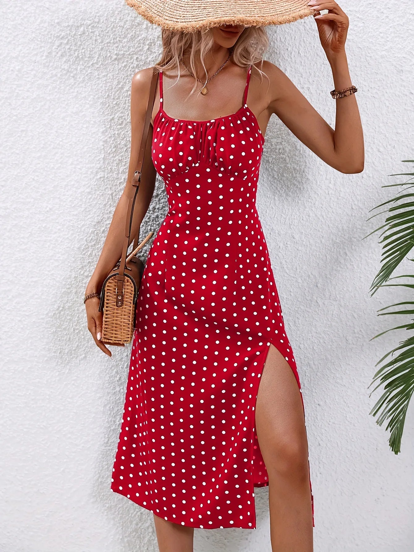 Summer Spaghetti Strap Polka Dot Midi Dress - Boho, Casual, Sleeveless with Slit