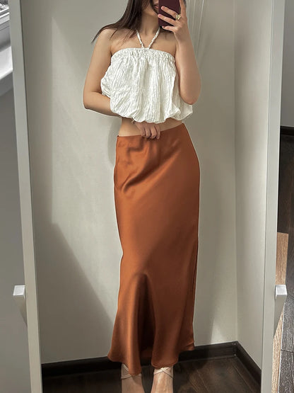 Summer Silk Satin A-line Skirt - Casual High Waist with Side Slit