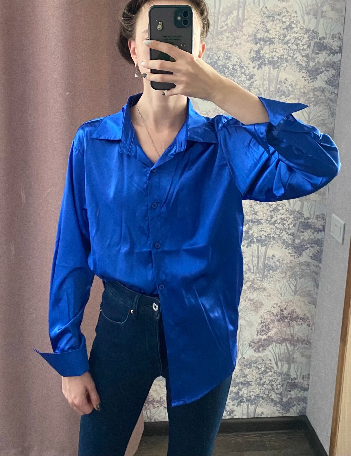 Satin Polo Collar Blouse - Vintage Loose Silk Shirt for Women