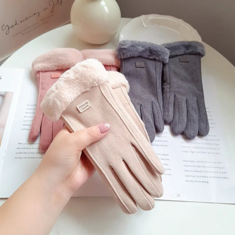 Women’s Winter Suede Gloves – Thick Plush, Touchscreen, Outdoor