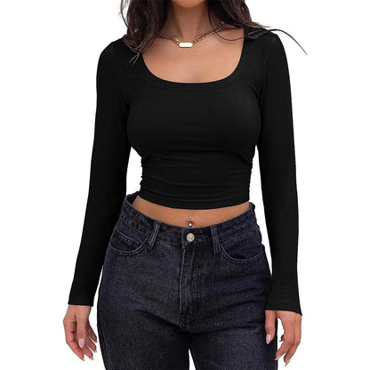 Women’s Long Sleeve Square Neck Ribbed Crop Top