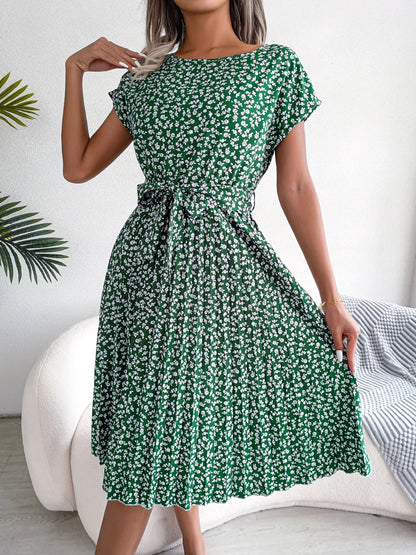 Chic Floral High Waist A-Line Dress - Spring/Summer, Short Sleeve