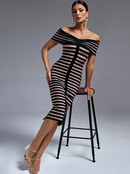 Off-Shoulder Midi Bandage Dress - Elegant Striped Bodycon Party Dress for Women, Summer 2023 Runway Style