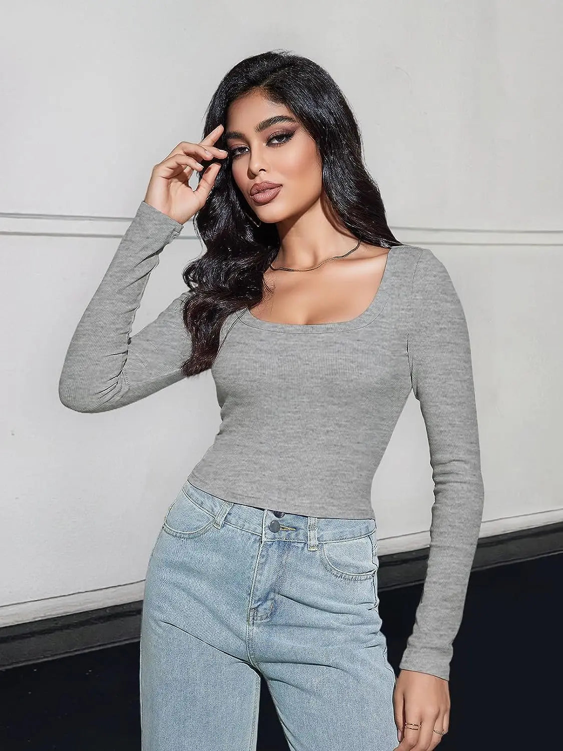 Women’s Long Sleeve Square Neck Ribbed Crop Top