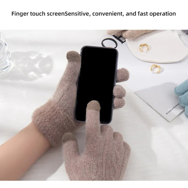 Women’s Winter Knitted Gloves – Plush, Double-Layered, Touchscreen